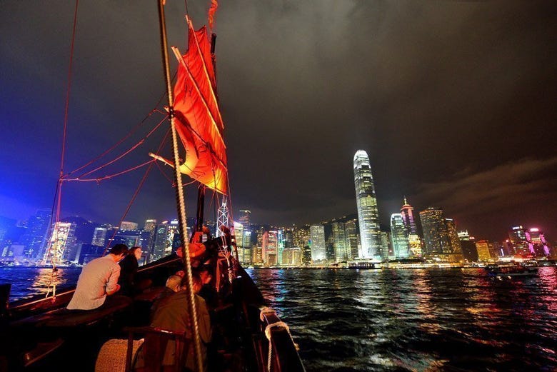 Sailing around Victoria Bay at nightfall